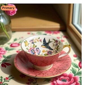 Vintage Aynsley Bluebird Jacobean Floral Pembroke Tea Cup and Saucer